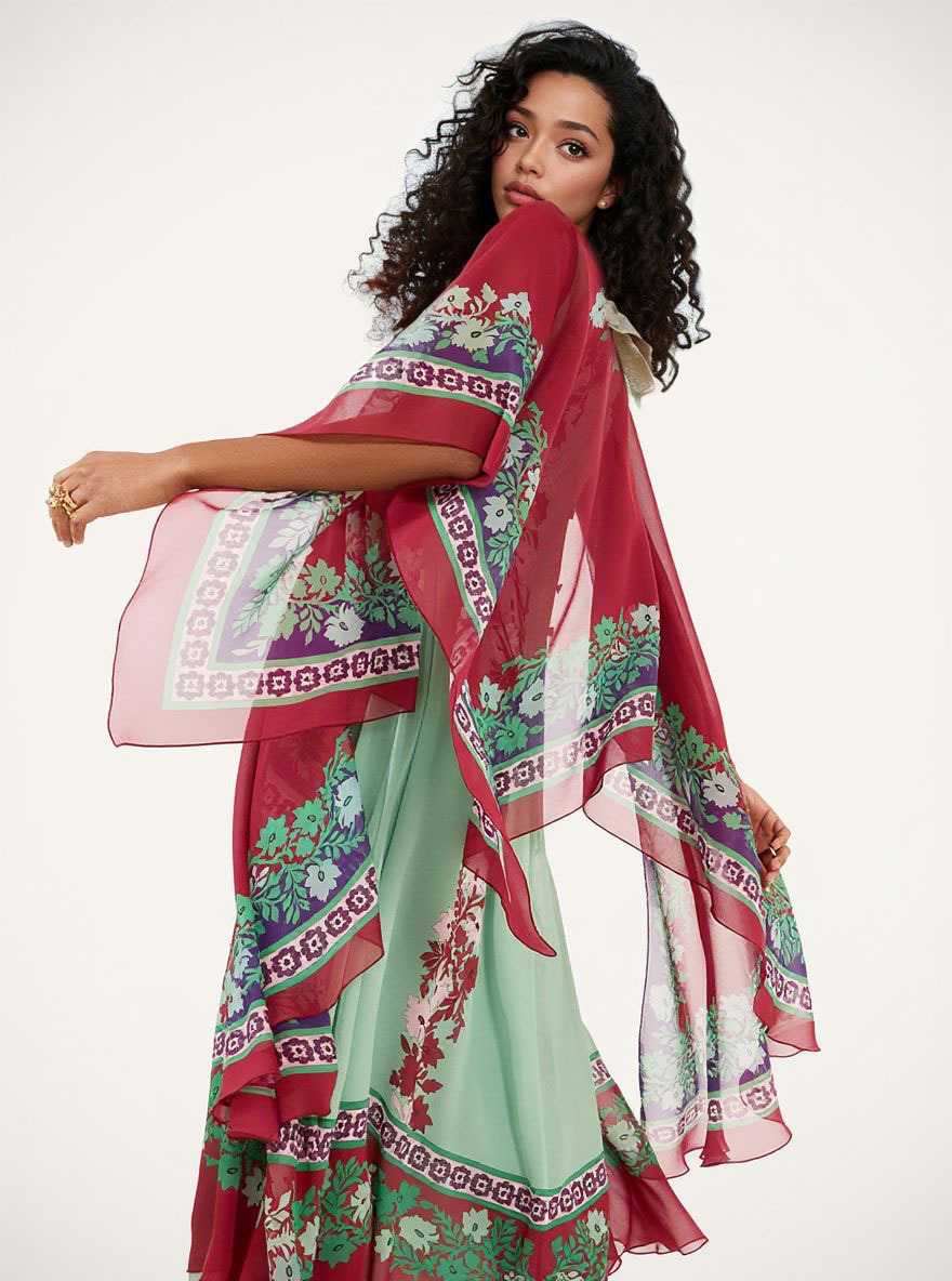 Retro Bohemian Style Floral Print Chiffon Shawl And Midi Dress