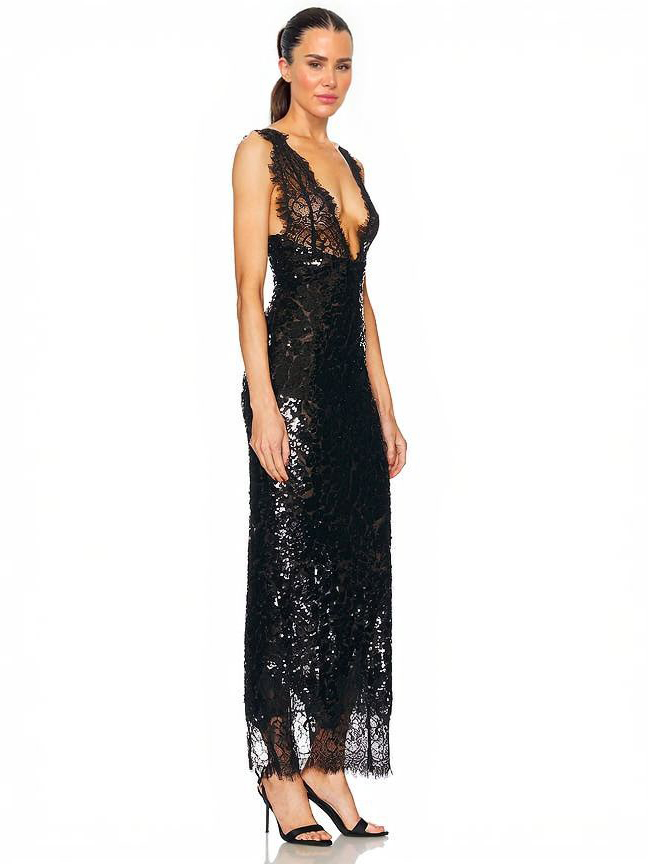 Elegant Lace-trimmed Deep V-neck Sequined Maxi Dress