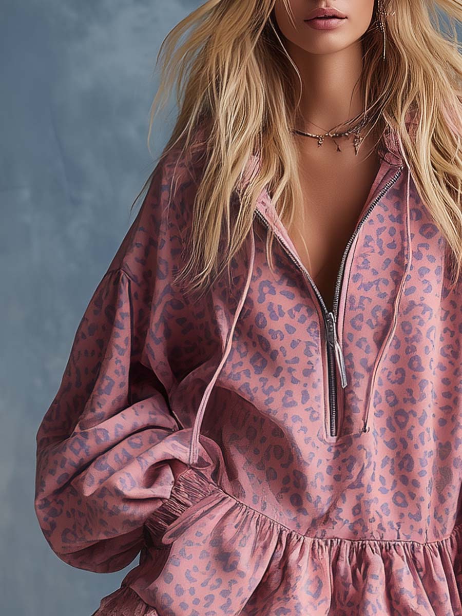 Elegant Hooded Front Zip Leopard Print Mini Dress