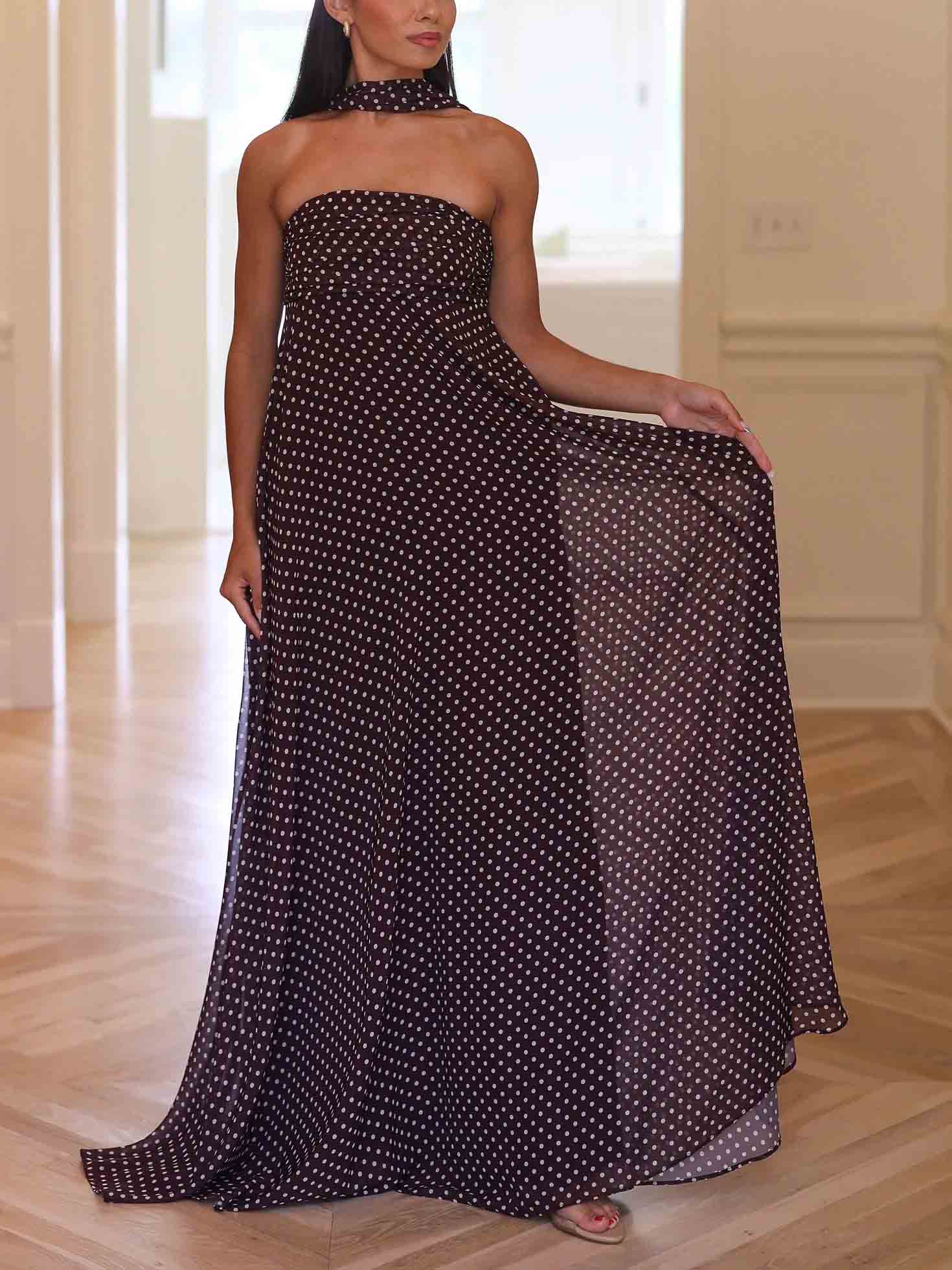 Elegant Off-the-shoulder Polka Dot Print Scarf Maxi Dress