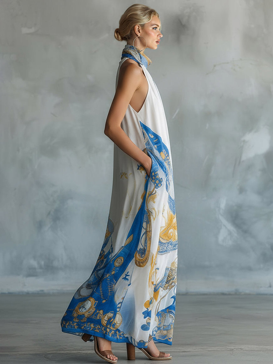 Elegant Baroque Print Chiffon Sleeveless Maxi Dress