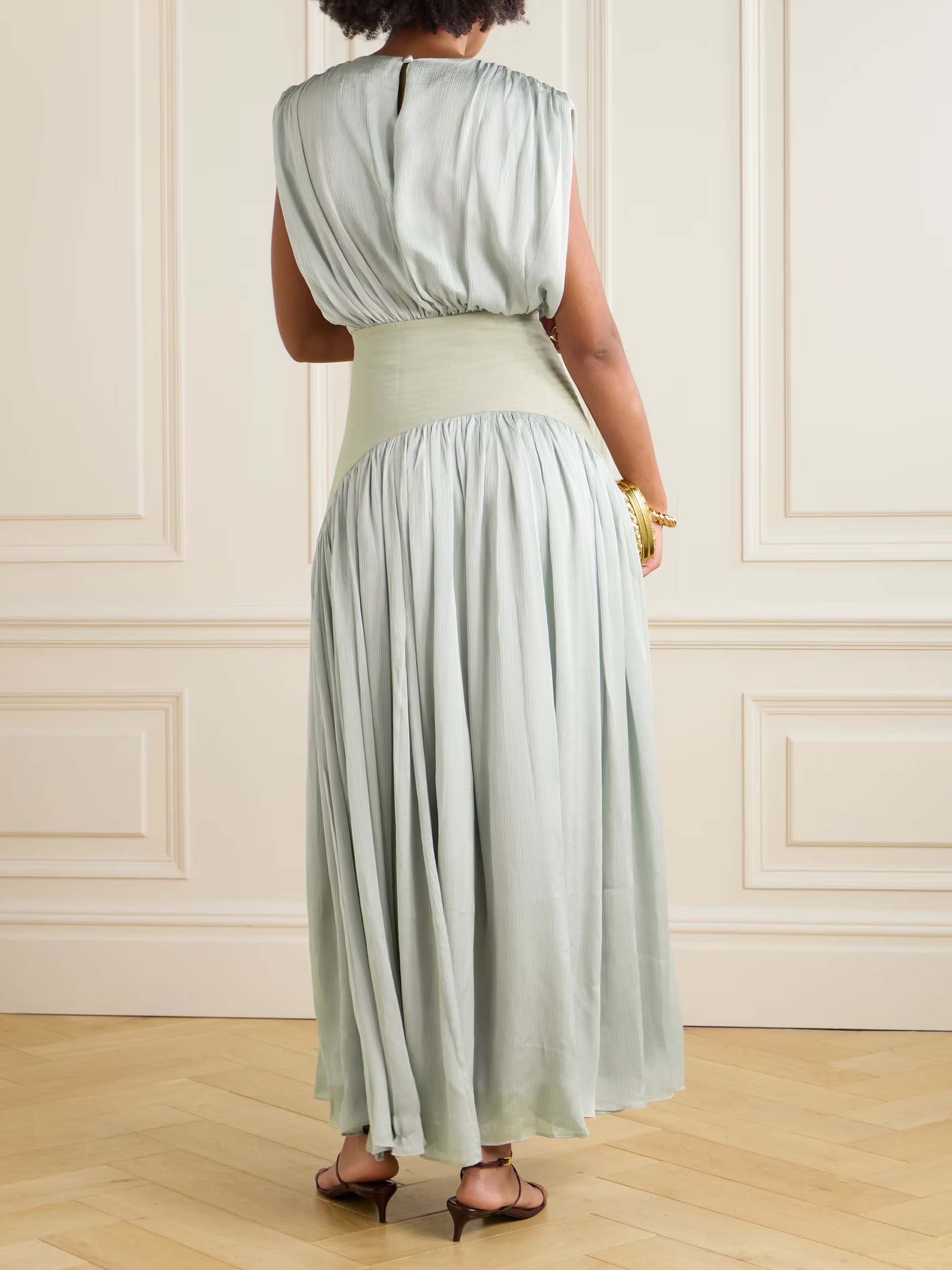 Elegant Wide Belted Pleated Sleeveless Maxi Dress