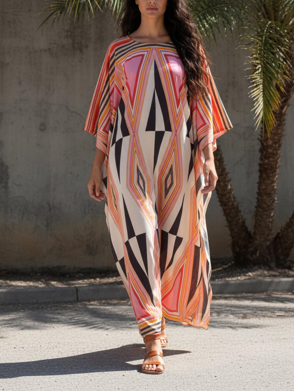 Simple Retro Triangle Print Slit Kimono Maxi Dress