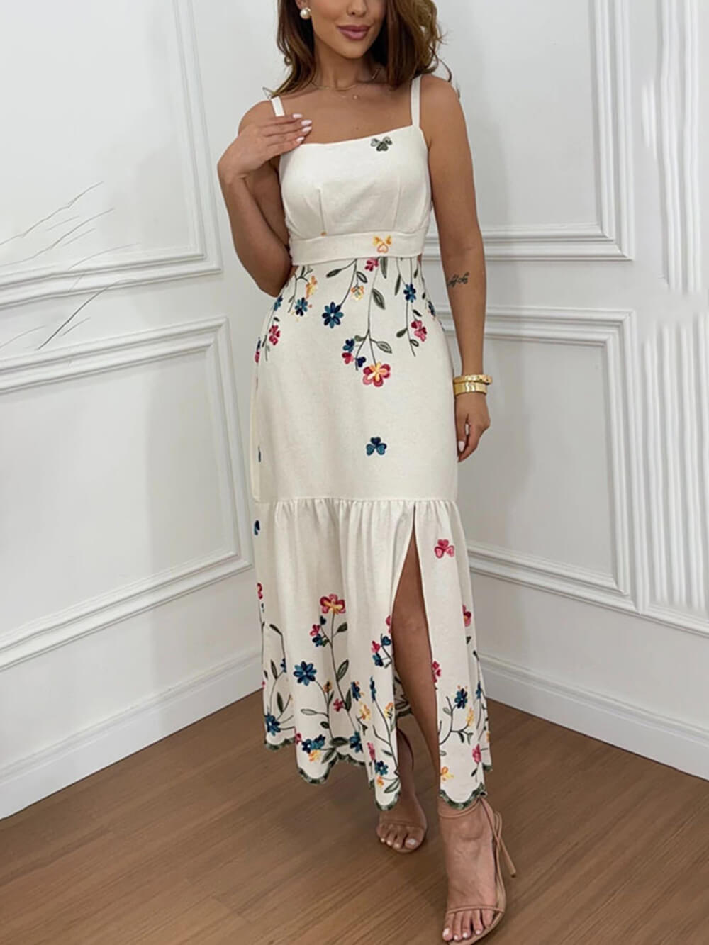 Vacation Spaghetti Strap Placement Print Slit Maxi Dress