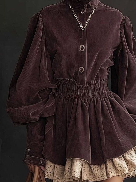 Elegant High-neck Puff Sleeve Corduroy Mini Dress