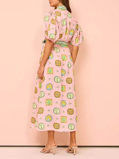 Unique Linen Graffiti Print Lantern Sleeve Maxi Dress