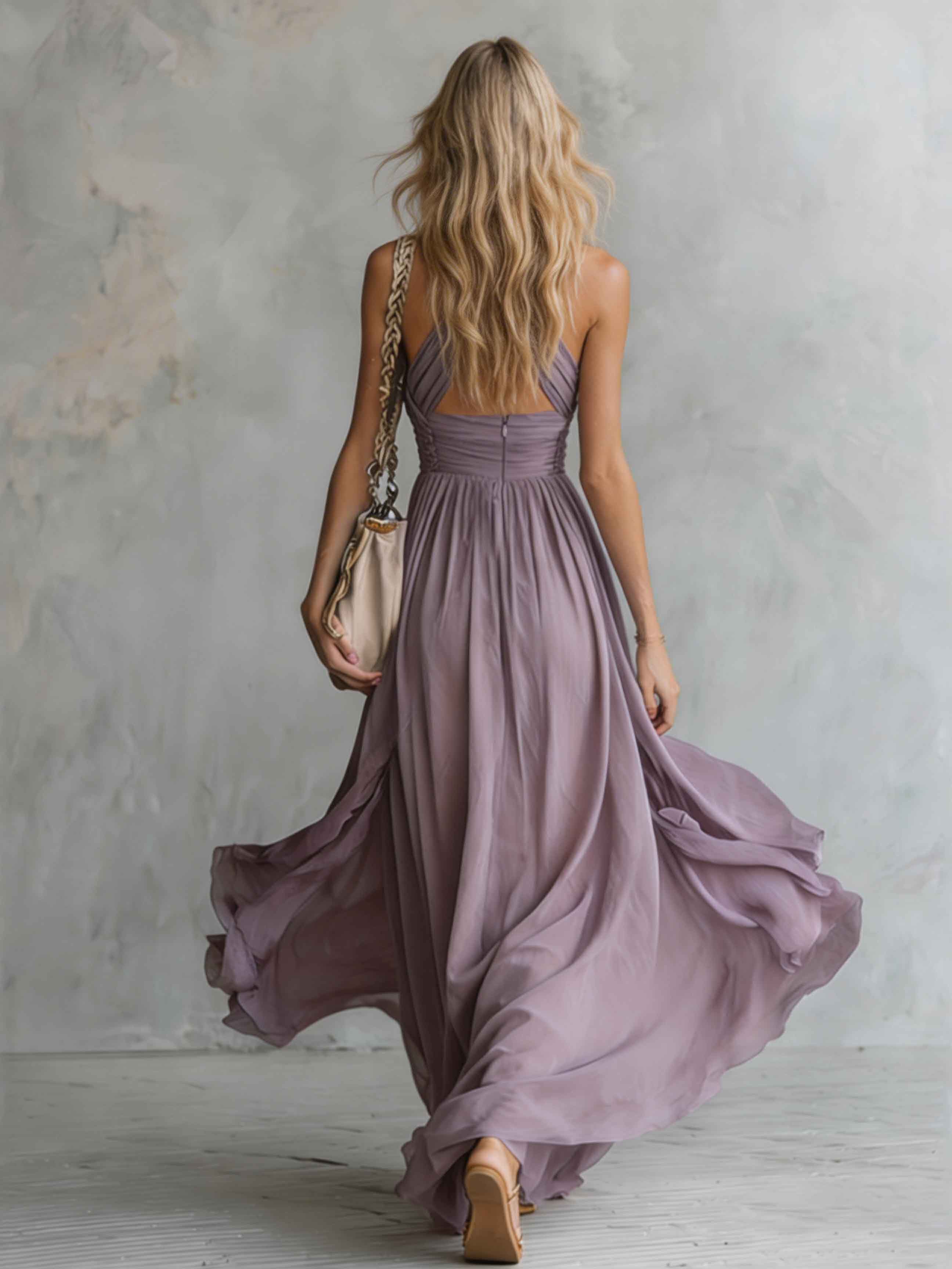 Elegant Ruched Halter Neck Flowing Maxi Dress
