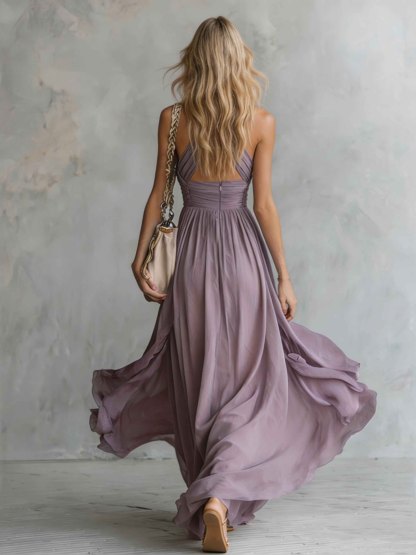 Elegant Ruched Halter Neck Flowing Maxi Dress