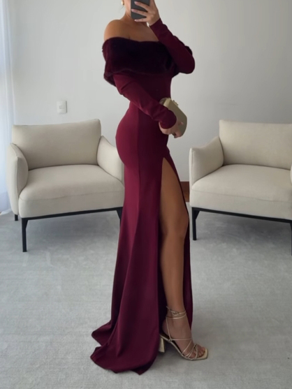 Elegant One-shoulder Plush Patchwork High-slit Maxi Dress