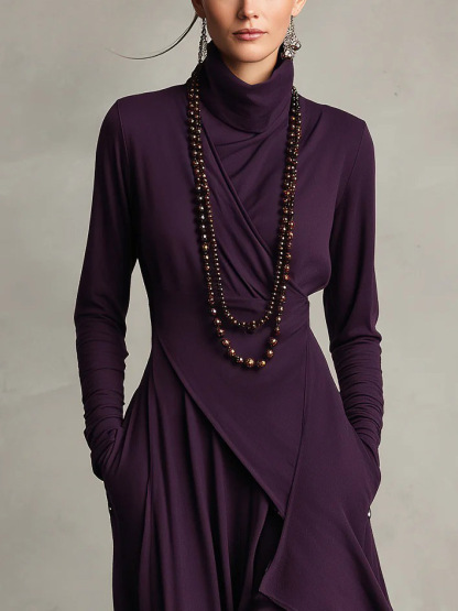 Elegant High-Neck Draped Asymmetrical Maxi Dress