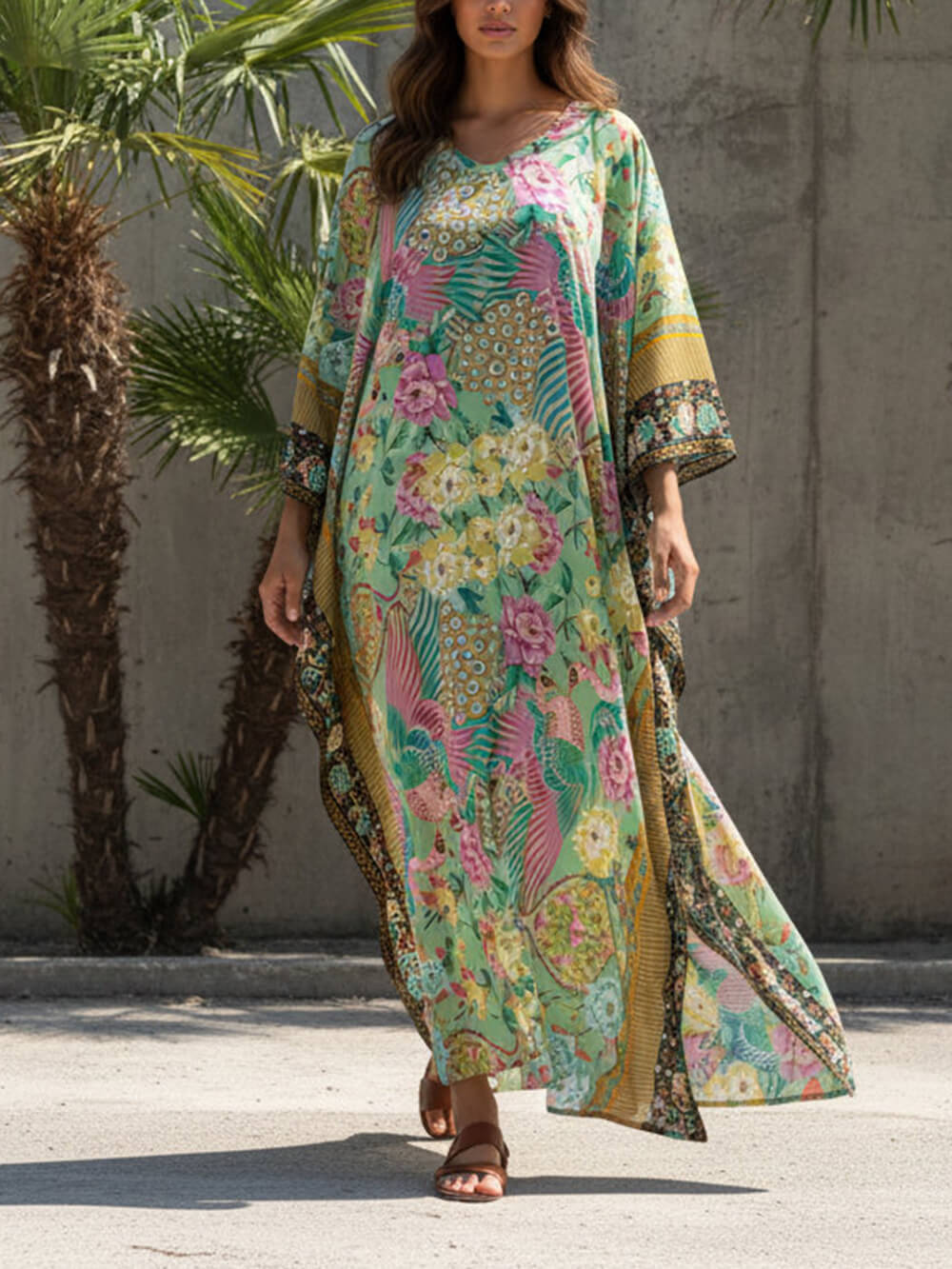 Modern Casual Peacock Print Kimono Beach Maxi Dress