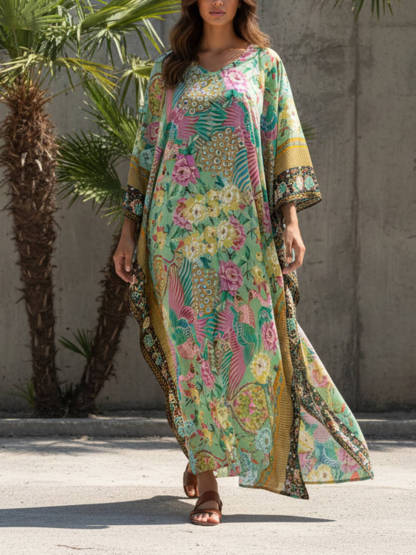 Modern Casual Peacock Print Kimono Beach Maxi Dress