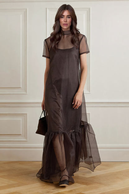 Casual Lace-up Neck Layered Organza Maxi Dress