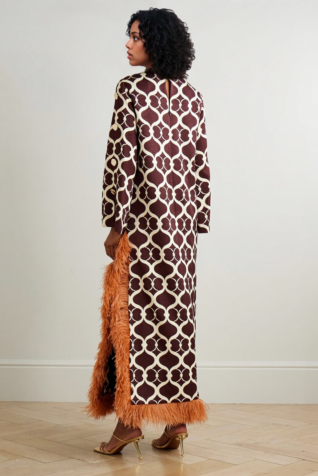 Exquisite Printed Feather-Trim Side-Slit Maxi Dress