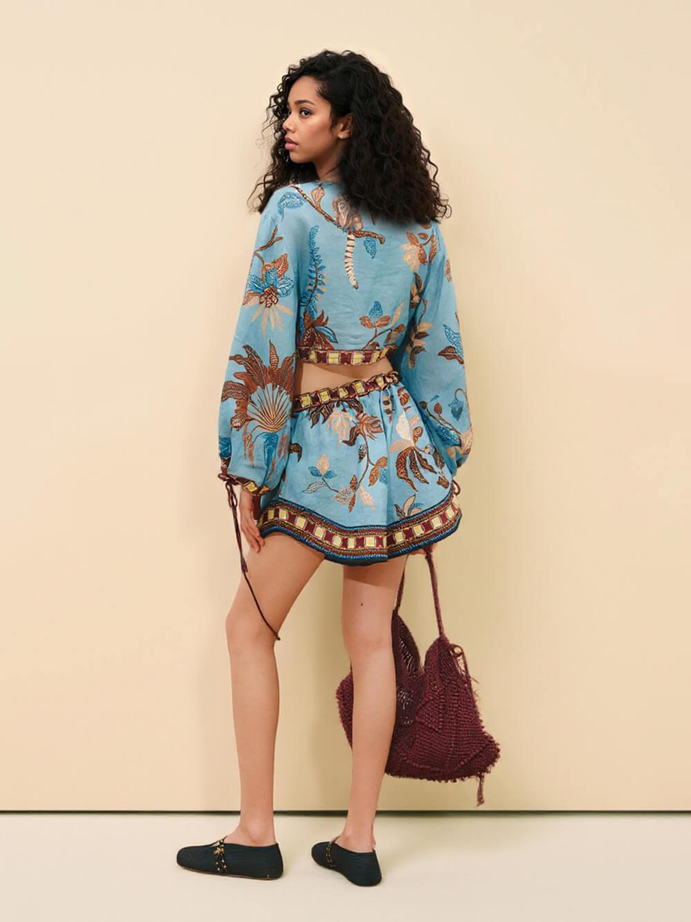 Boho Print Color Block Drawstring Drop Shoulder Top and Shorts Set