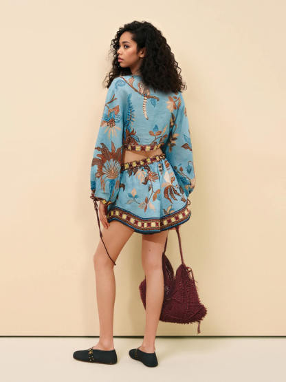 Boho Print Color Block Drawstring Drop Shoulder Top and Shorts Set