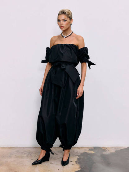 Exquisite Strapless Top And High-Waist Tie Lantern Pants Set