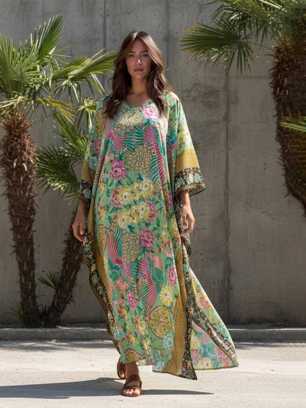 Modern Casual Peacock Print Kimono Beach Maxi Dress