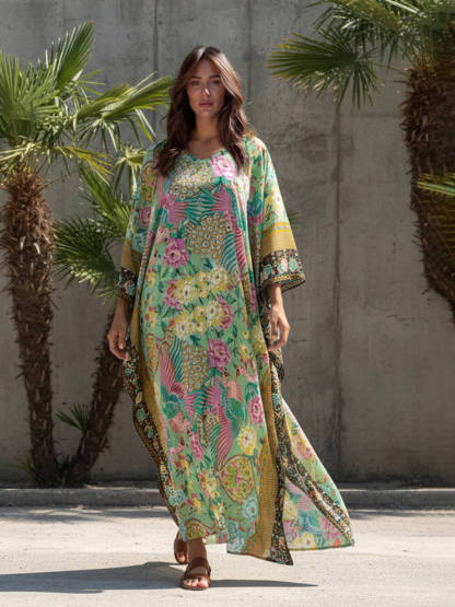 Modern Casual Peacock Print Kimono Beach Maxi Dress