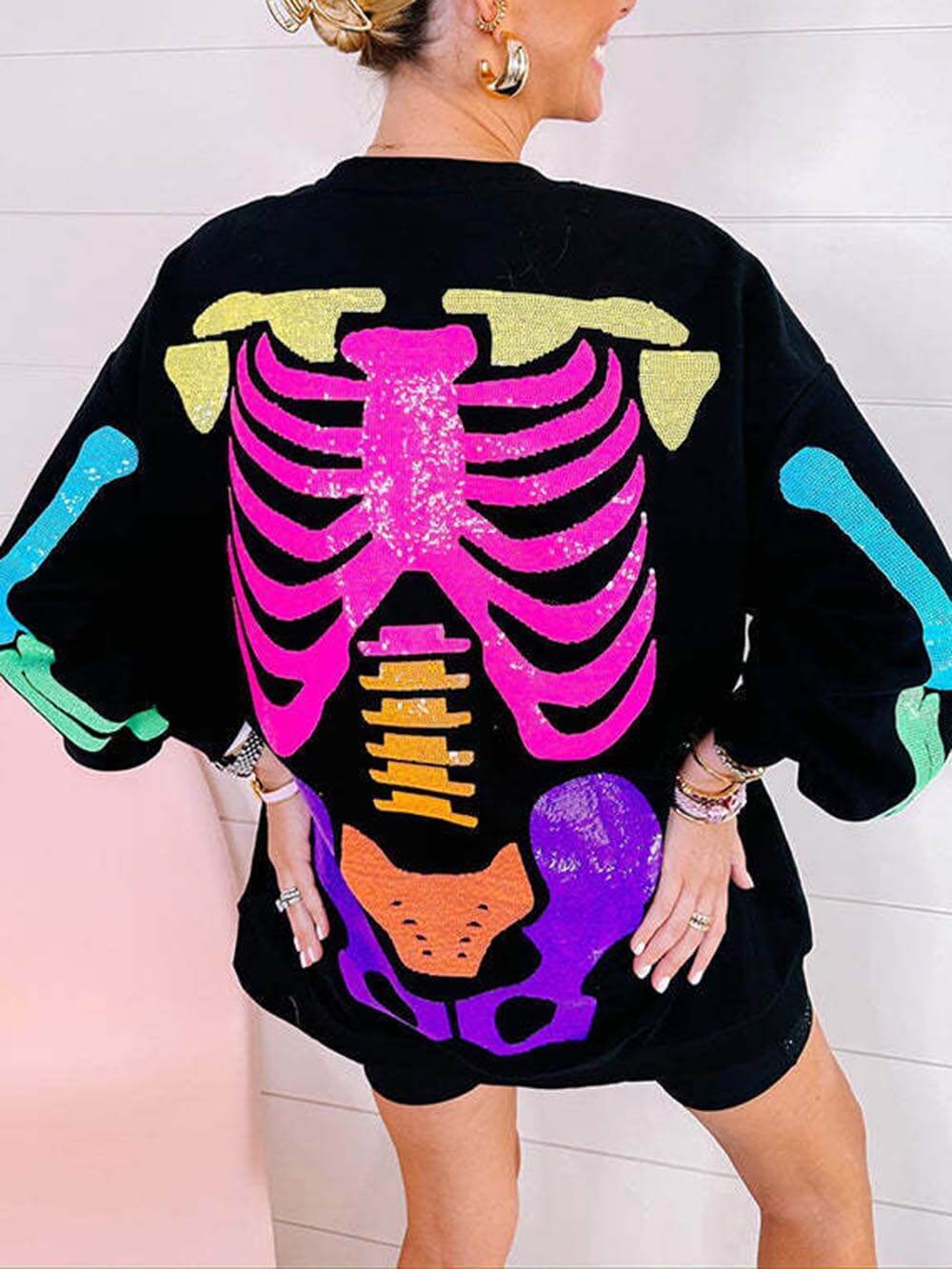 Rainbow Halloween Skull Print Sweater Dress