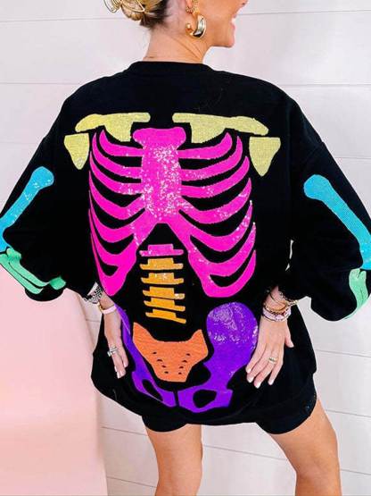 Rainbow Halloween Skull Print Sweater Dress
