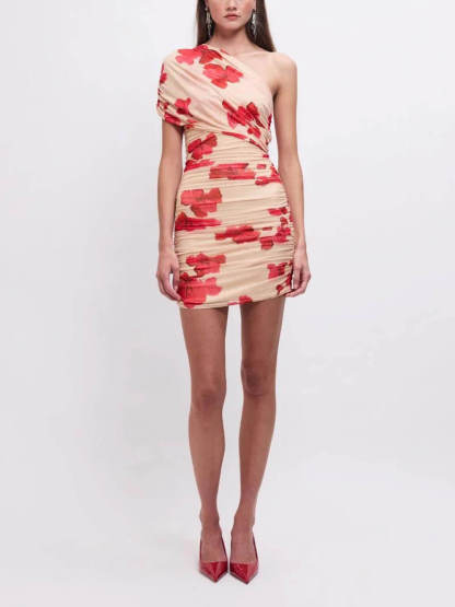 Chic Asymmetric Floral Print Mesh Mini Dress