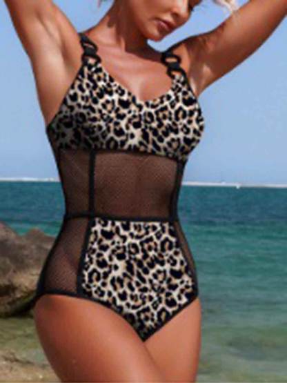 Sexy Leopard Print Mesh Panel One-Piece Swimsuit