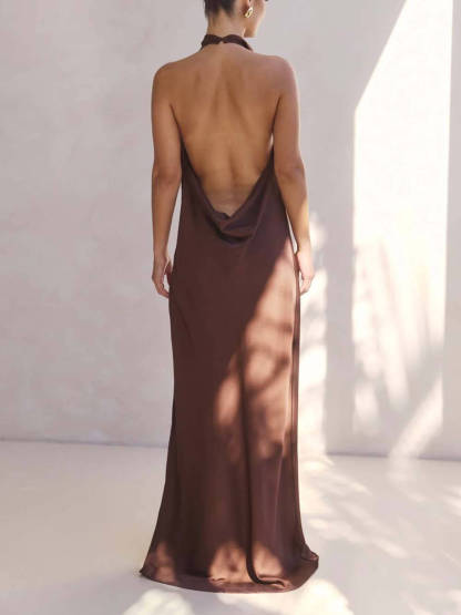Elegant Halter Draped Neck Satin Backless Maxi Dress