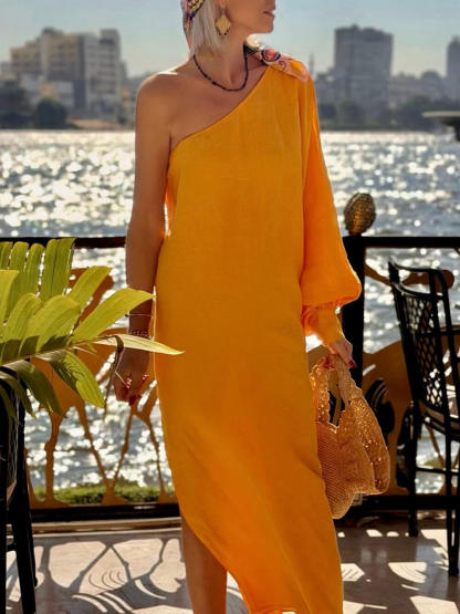 Boho One-Shoulder Slit Vacation Maxi Dress