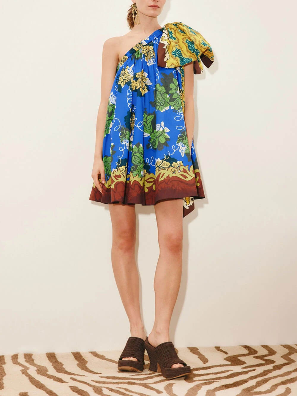 Delicate Printed Bow One-Shoulder Mini Dress