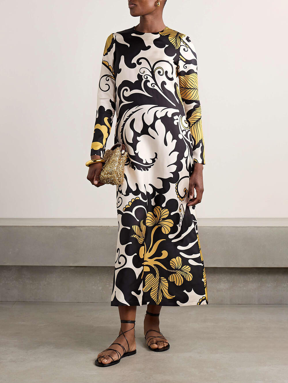 Unique Satin Swing Print Twill Midi Dress