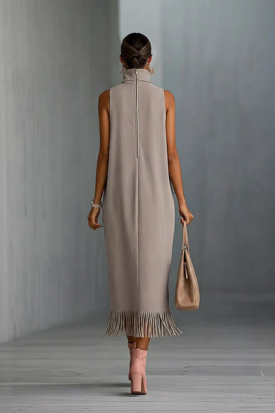 Elegant Faux Suede Fringe Hem Sleeveless Turtleneck Midi Dress
