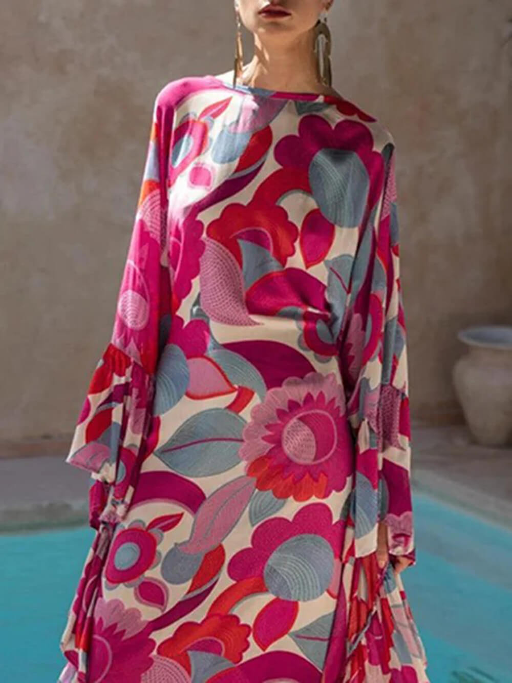 Exquisite Floral Print Pleated Batwing Sleeves Loose-Fitting Maxi Dress