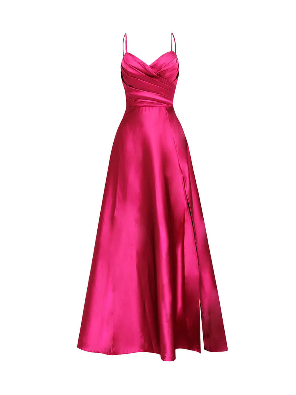 Elegant Satin Spaghetti Side Slit Strap Pleated A-Line Maxi Dress