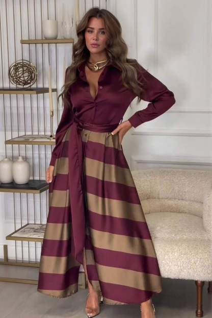 Exquisite Red Striped Print Patchwork Collared Maxi Dress