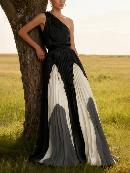 Elegant One-Shoulder Colorblock Ruched Maxi Dress