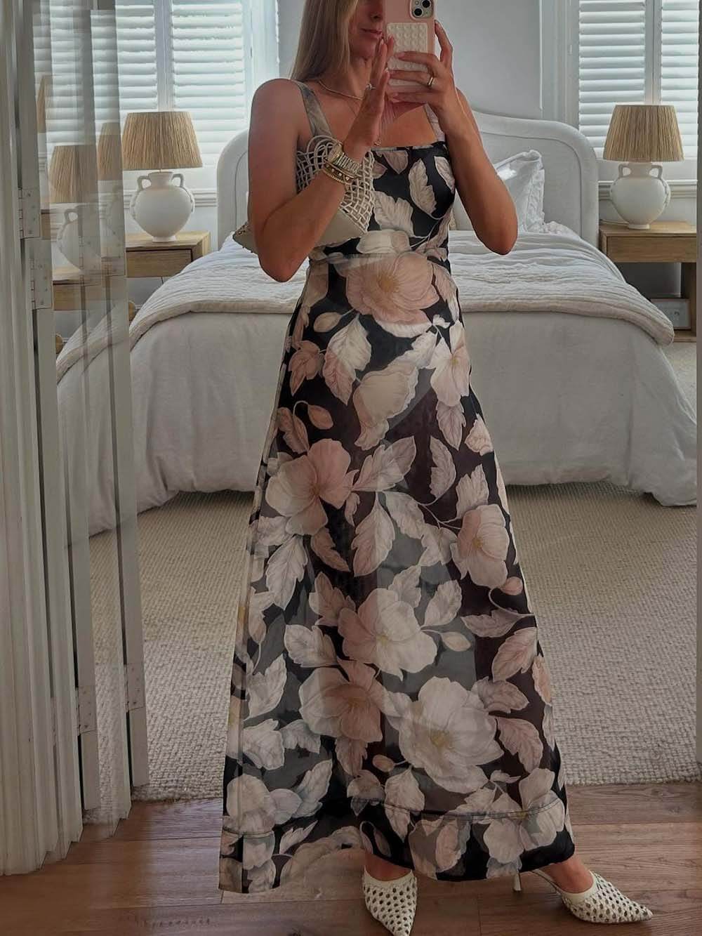 Exquisite Black Rose Print A-Line Maxi Dress
