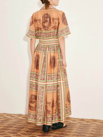 Modern Print Waist-Defined Ruched Button-Front Pocket Maxi Shirtdress