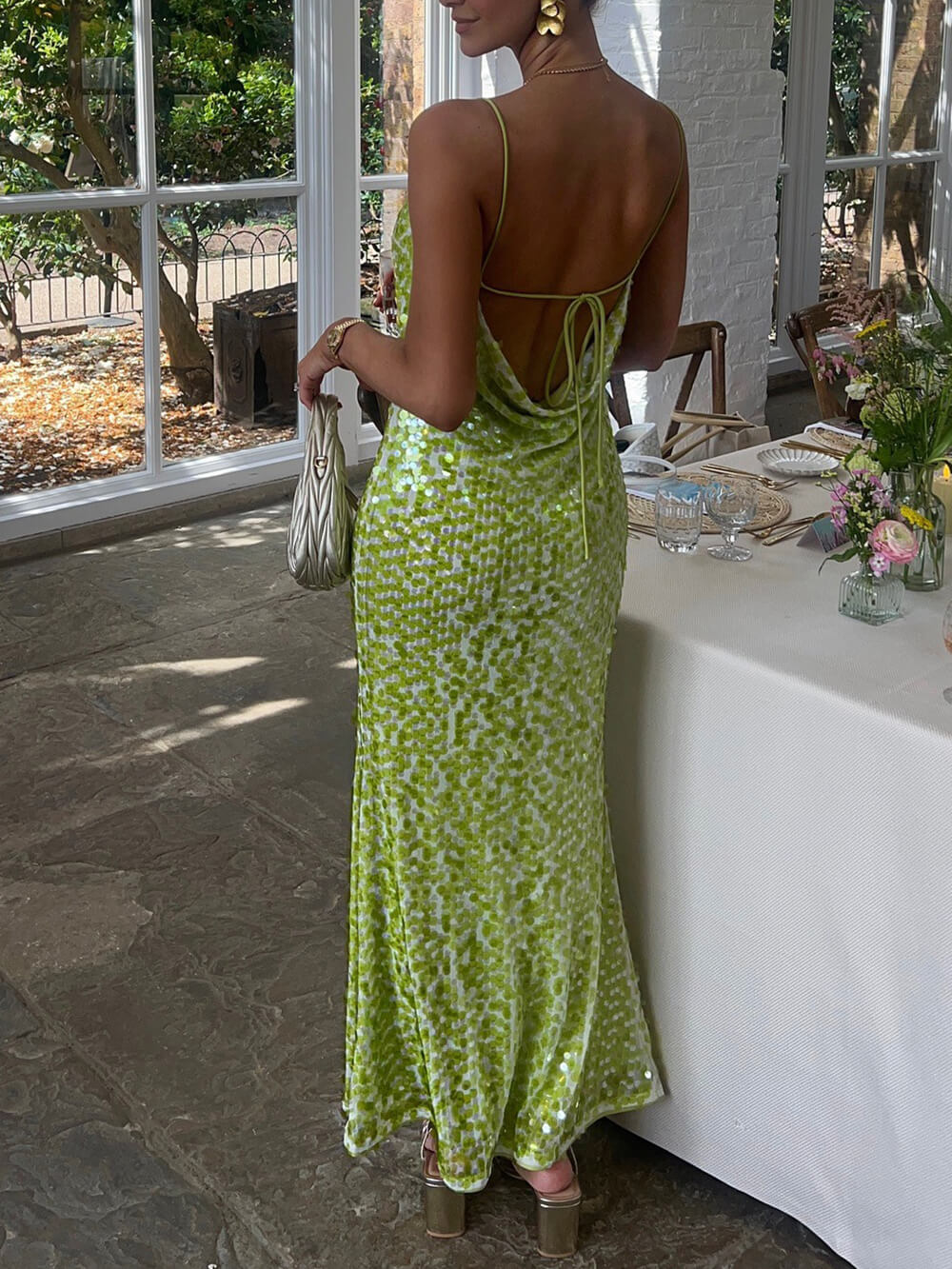 Fashion Sequin Backless Spaghetti Strap Mermaid Party Maxi Dress