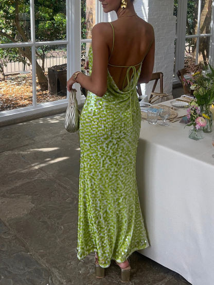 Fashion Sequin Backless Spaghetti Strap Mermaid Party Maxi Dress