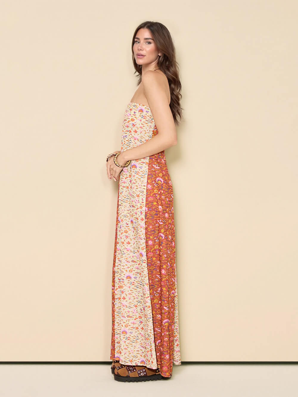 Fashion Floral Printed Strapless Maxi Dress