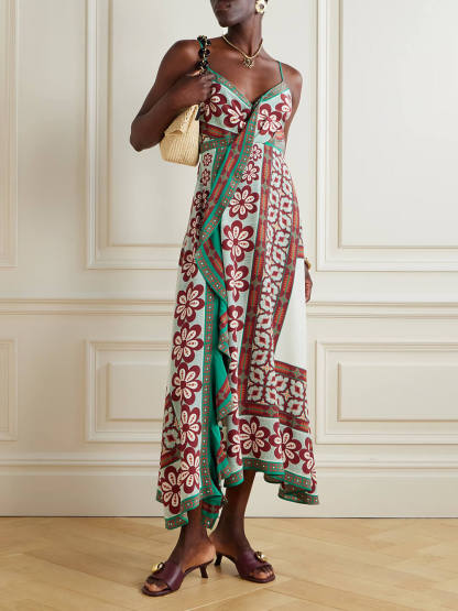 Classic Turn Around Wrap-Effect Printed Satin Midi Dress