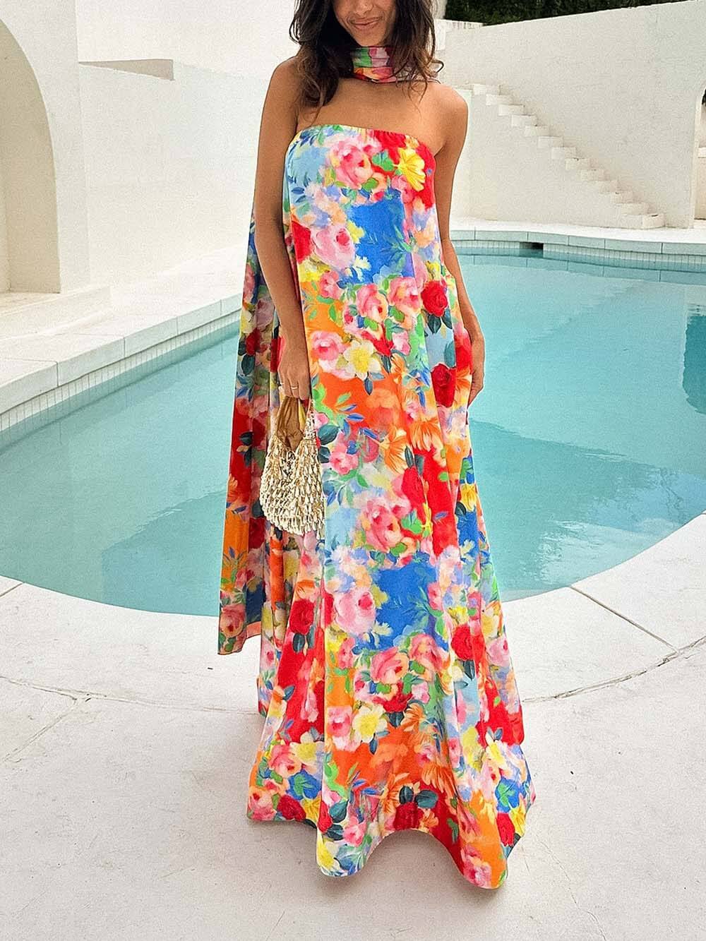 Retro Floral Print Off-Shoulder Scarf Maxi Dress