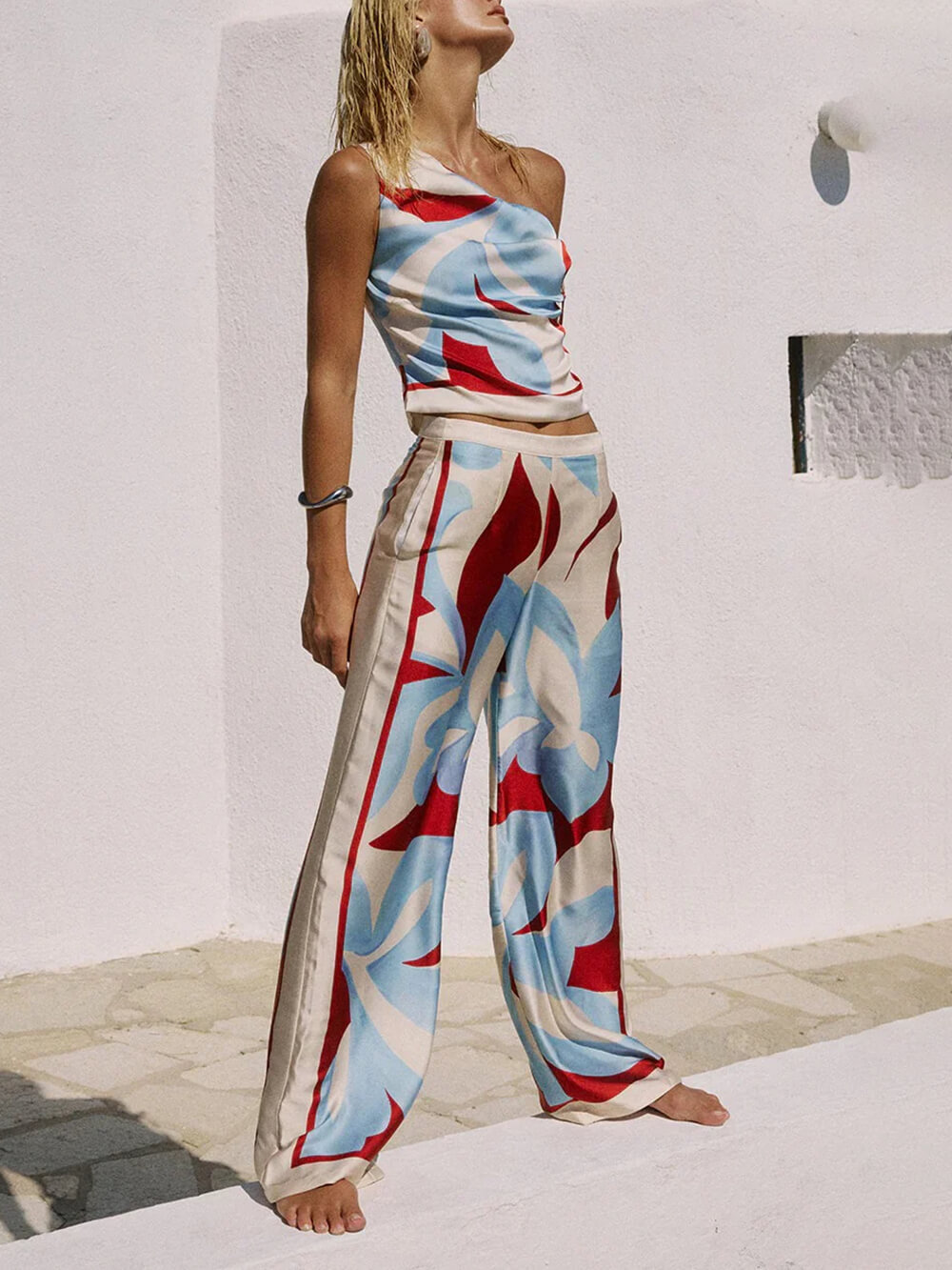 Unique Printed One-Shoulder Tie Top And Elastic Waist Wide Leg Pants Set