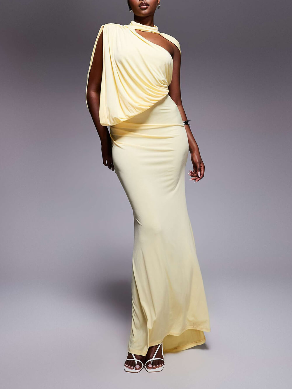 Exquisite One-Shoulder Draped Pleated Cape Maxi Dress