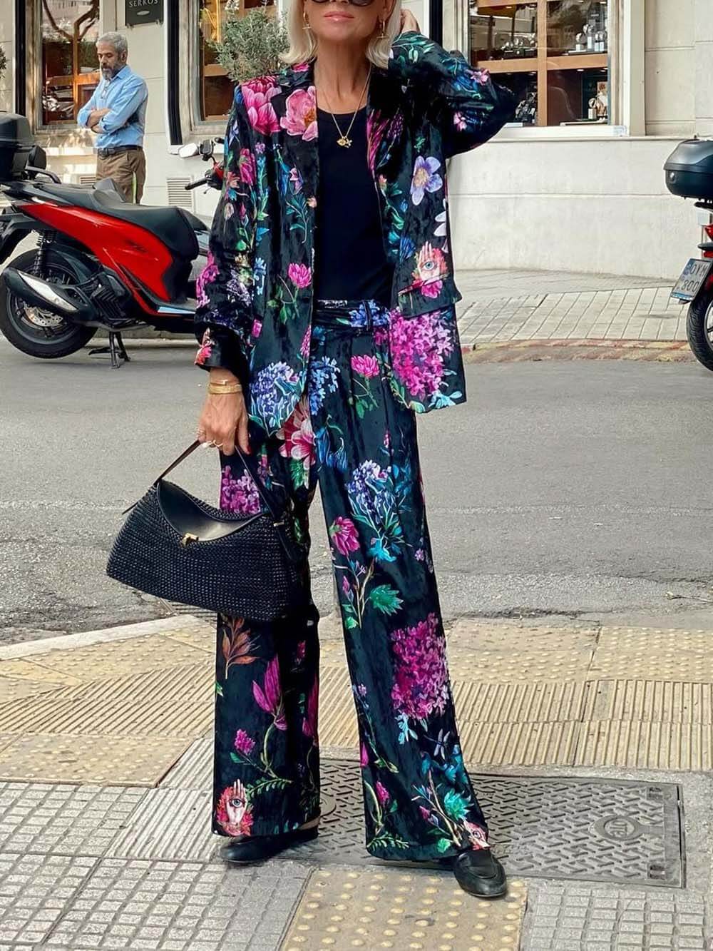 Retro Floral Print Elastic Waist Pocket Wide-Leg Pants