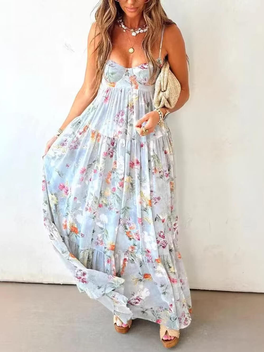 Bohemian Floral Print Spaghetti Strap Flowy Maxi Dress
