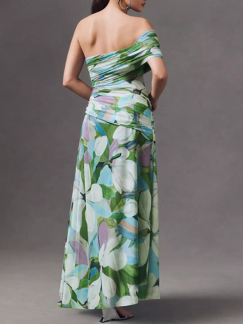 Elegant Off-Shoulder Floral Print Draped Maxi Dress