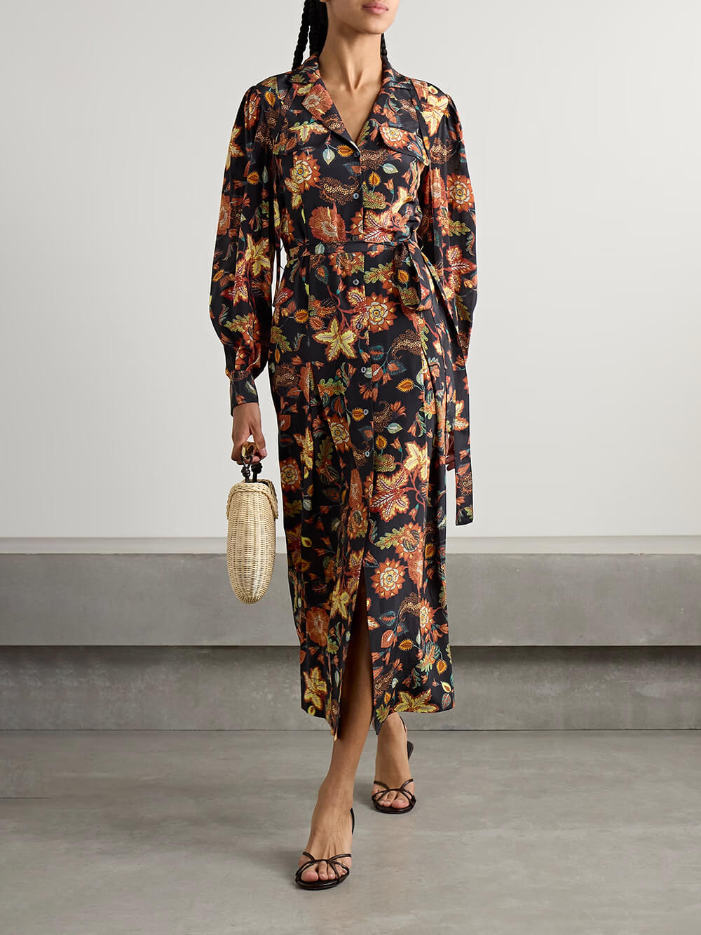 Unique Tie-Front Printed Satin Midi Dress