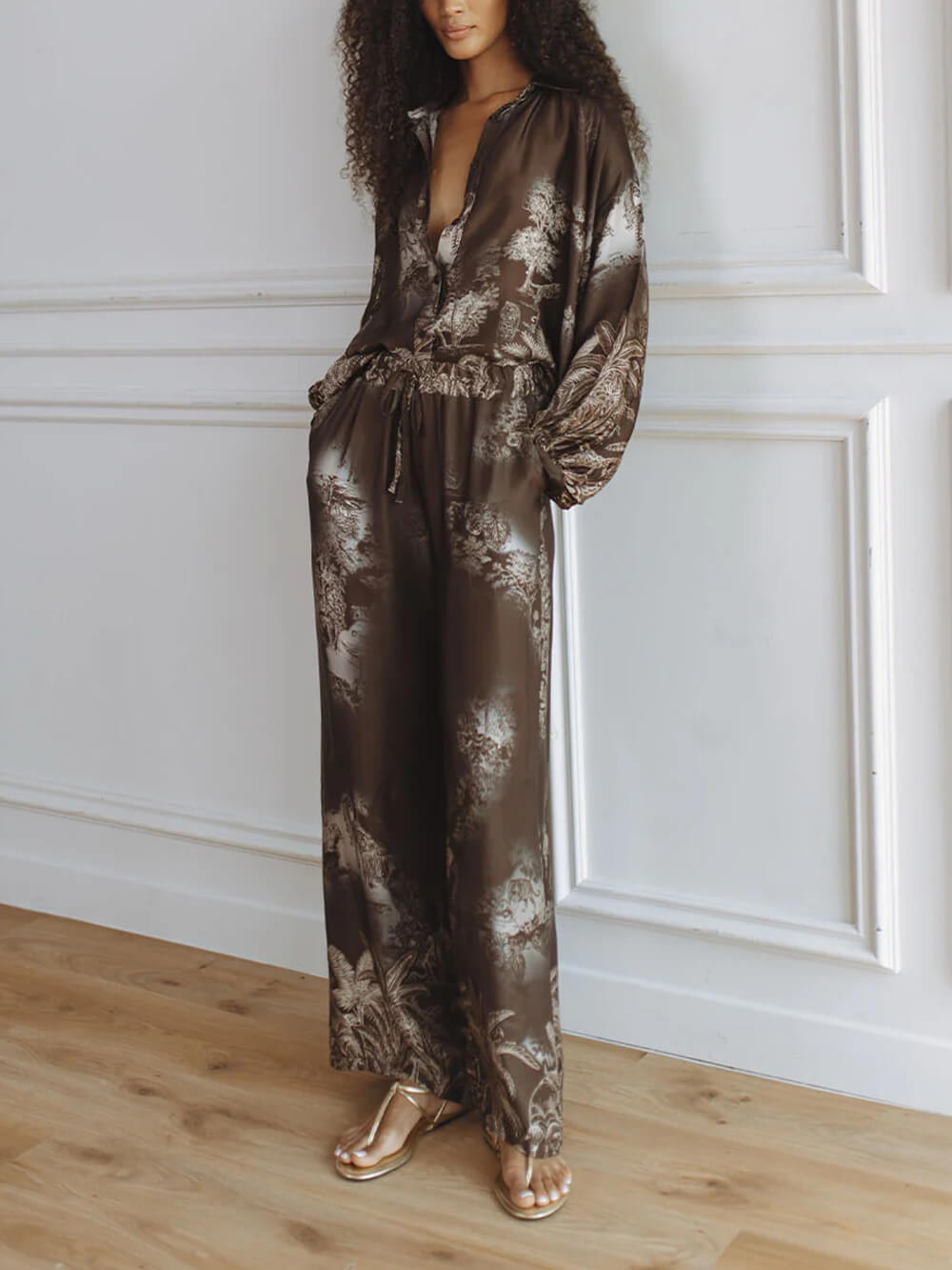 Unique Brown Floral Print Loose Top And Elastic Waist Wide-Leg Pants Set